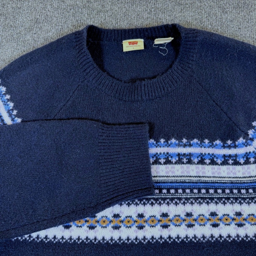 Levis Womens Fair Isle Crewneck Sweater Navy Blue Knit Pullover Large 2967